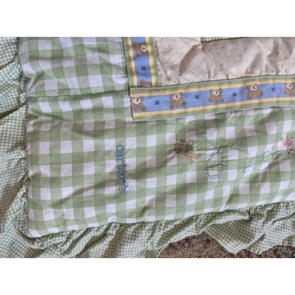 Carter's Teddy Bear Green & Yellow Baby Quilt Blanket Pastel Ruffle Nursery 46